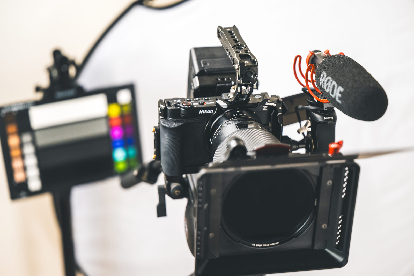 Nitesh's Nikon ZR rig, rigged out with matte box, mic and monitor