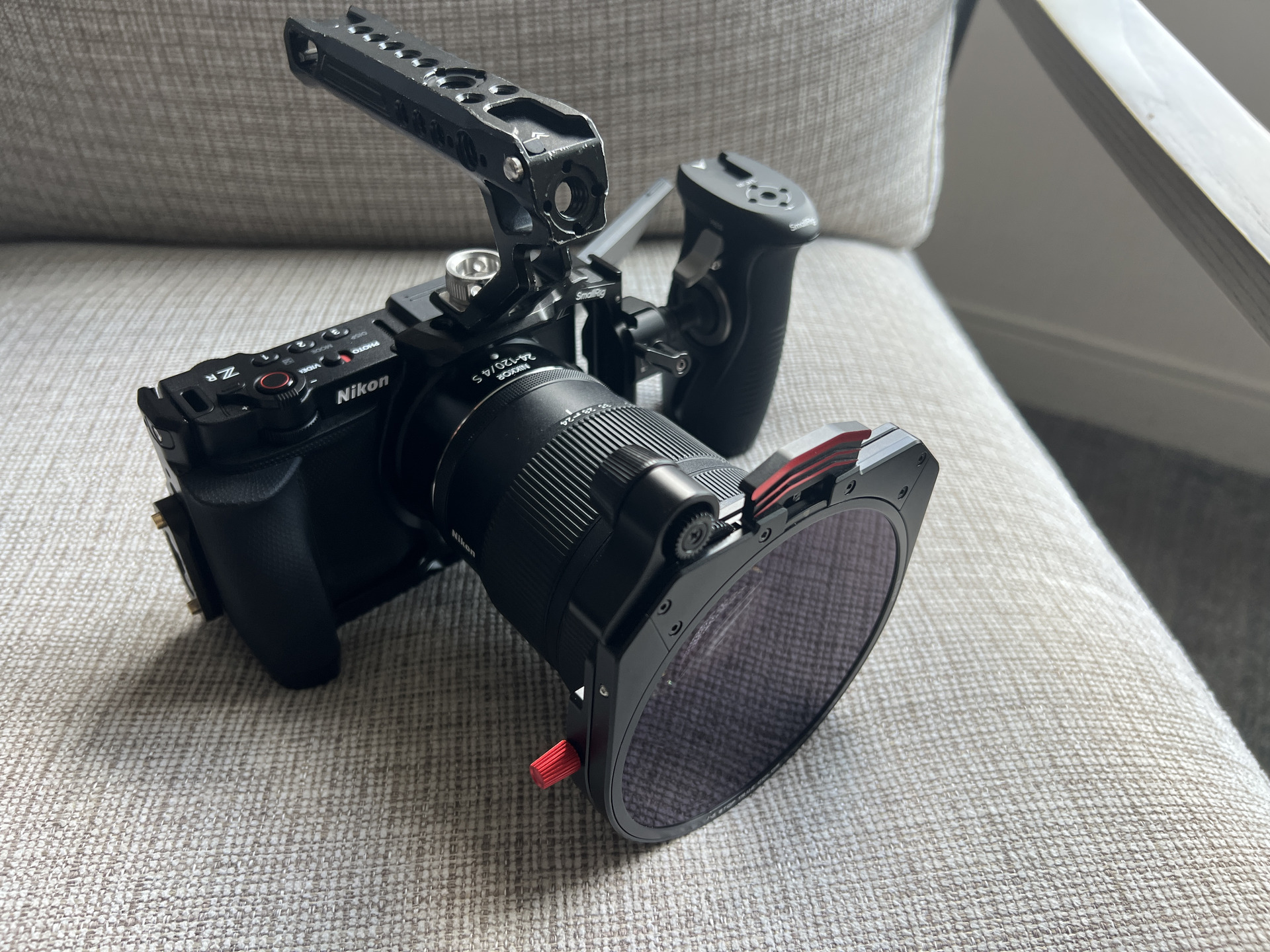 Nitesh's stripped-back Nikon ZR rig, packed for the Montreal trip