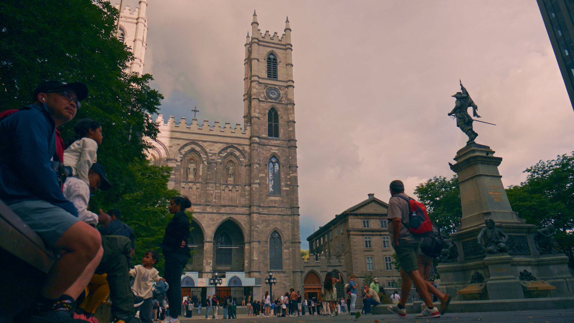 Notre-Dame Basilica bell tower and Place d'Armes, Old Montreal, still from R3D NE footage