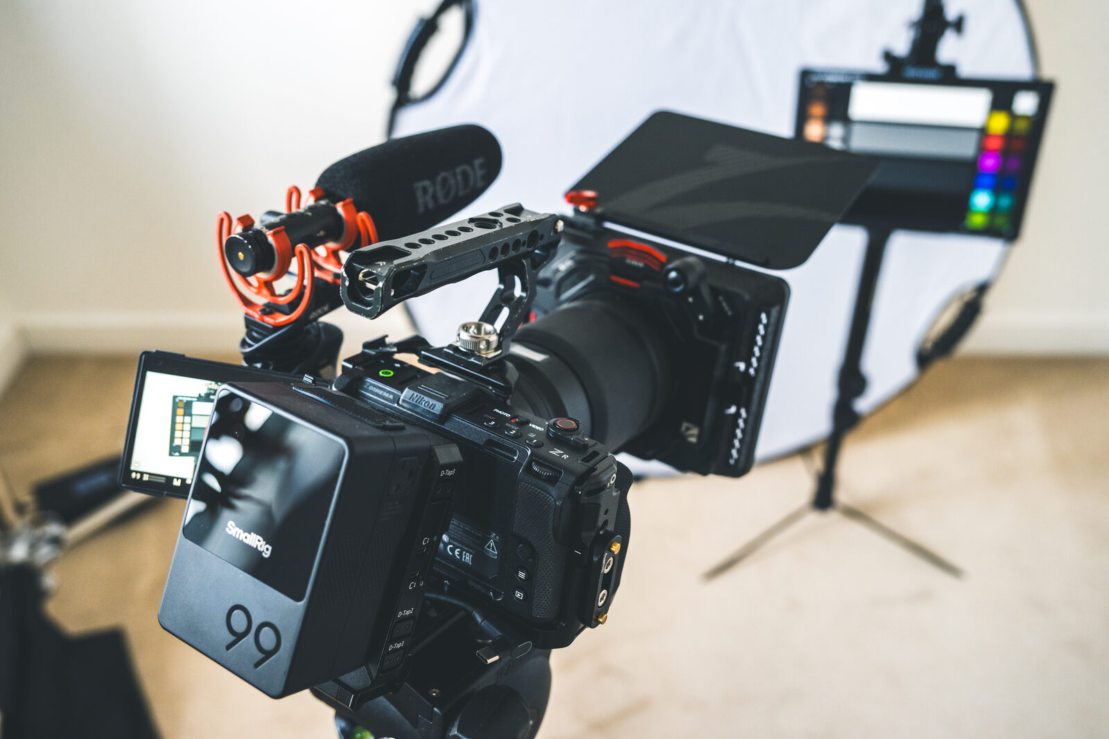 Close-up of Nitesh's Nikon ZR rig — SmallRig cage, monitor and matte box