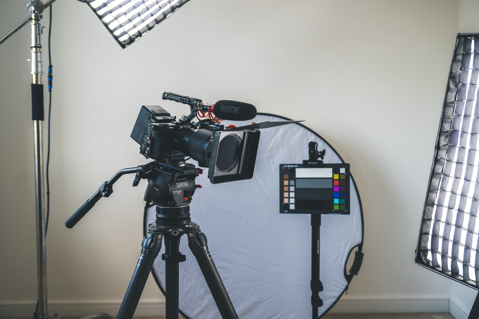 Nitesh's Nikon ZR rig set up in the studio, with lighting, reflector and colour chart